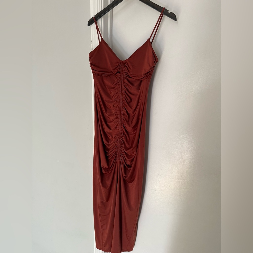 Express Strapless Rust Dress with Ruched Detail